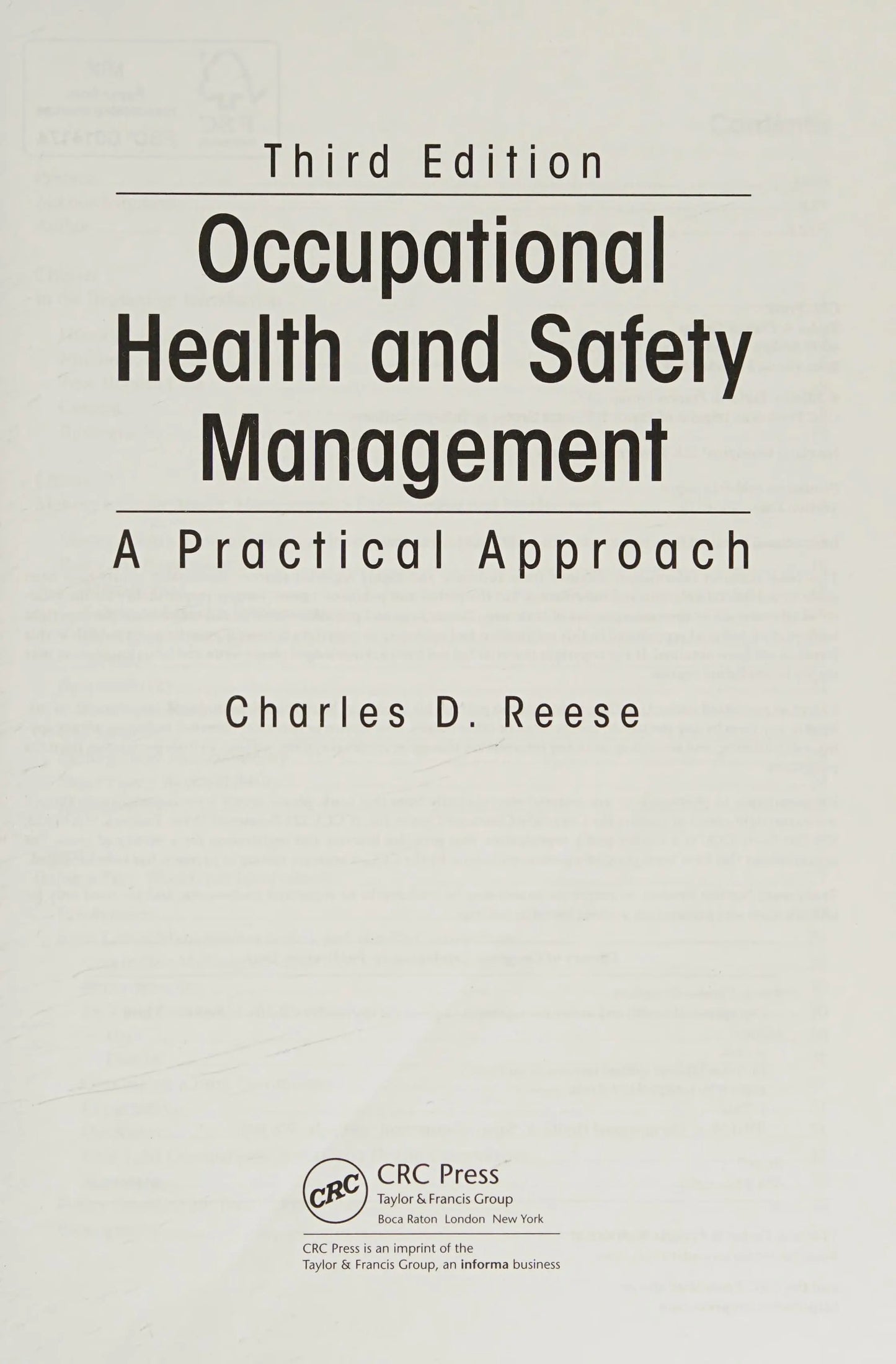 Occupational Health and Safety Management A Practical Approach, Third Edition by Charles D. Reese – book cover