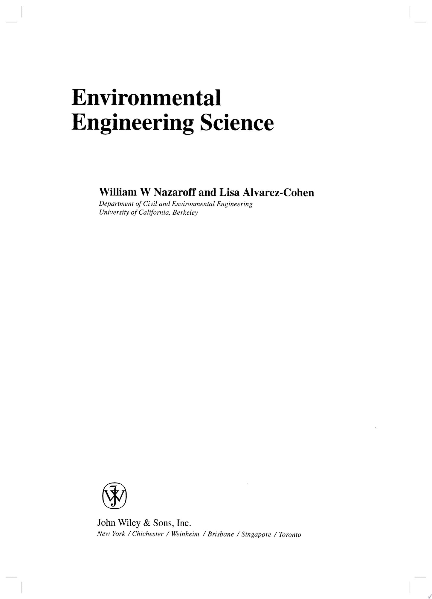 Environmental Engineering Science by William W. Nazaroff – book cover
